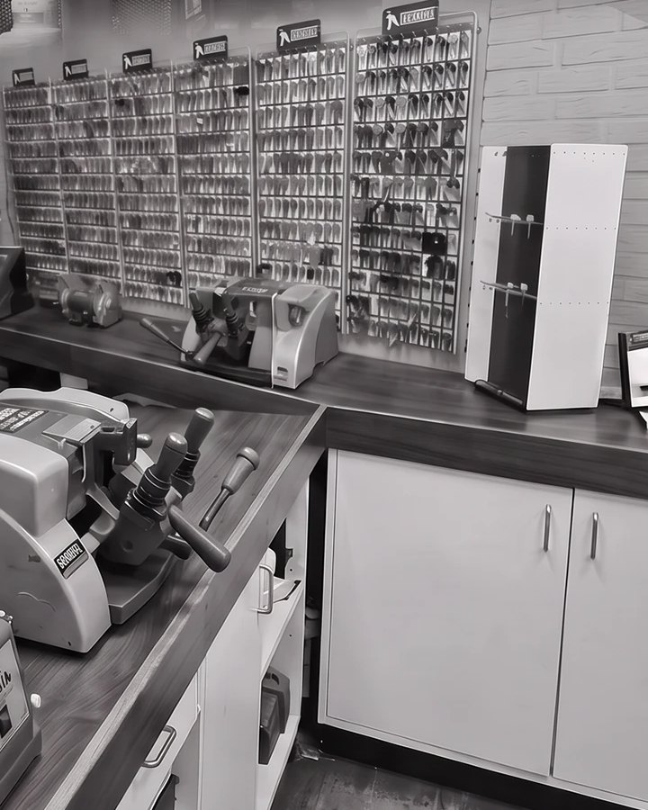 De sleutelwerkplaats: sleutelmachines op de werkbank, met de wand vol sleutelblanks erachter