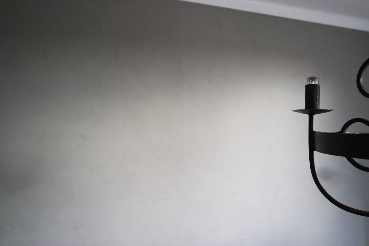Grijs gestuukte wand met een zwarte wandlamp, uit het fotoalbum van Pro Finish